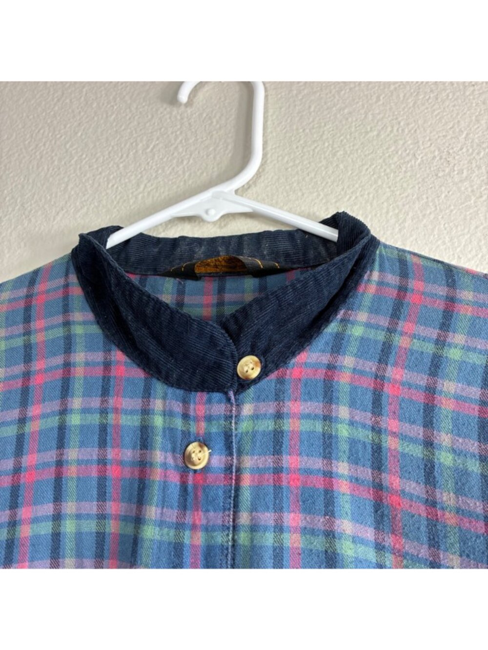 VTG 90s Eddie Bauer Flannel Dress L Blue Plaid Maxi Prairie Corduroy Grunge - Picture 5 of 10